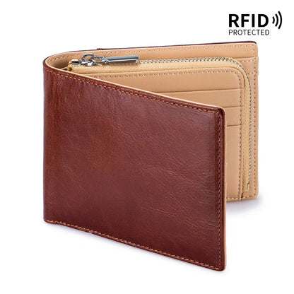 Genuine Leather Retro Men's Short Wallet with Large Capacity, Zipper Coin Pocket, Multiple Card Slots, RFID Blocking