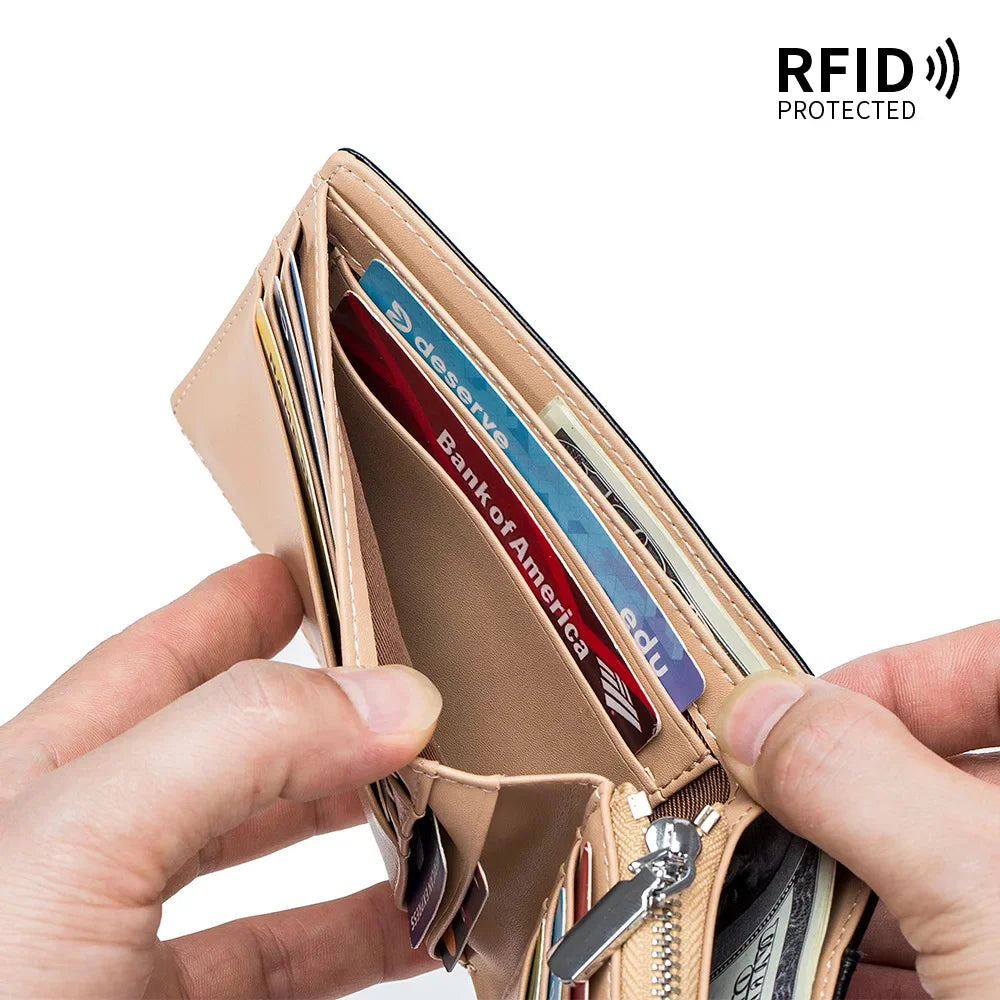 Genuine Leather Retro Men's Short Wallet with Large Capacity, Zipper Coin Pocket, Multiple Card Slots, RFID Blocking