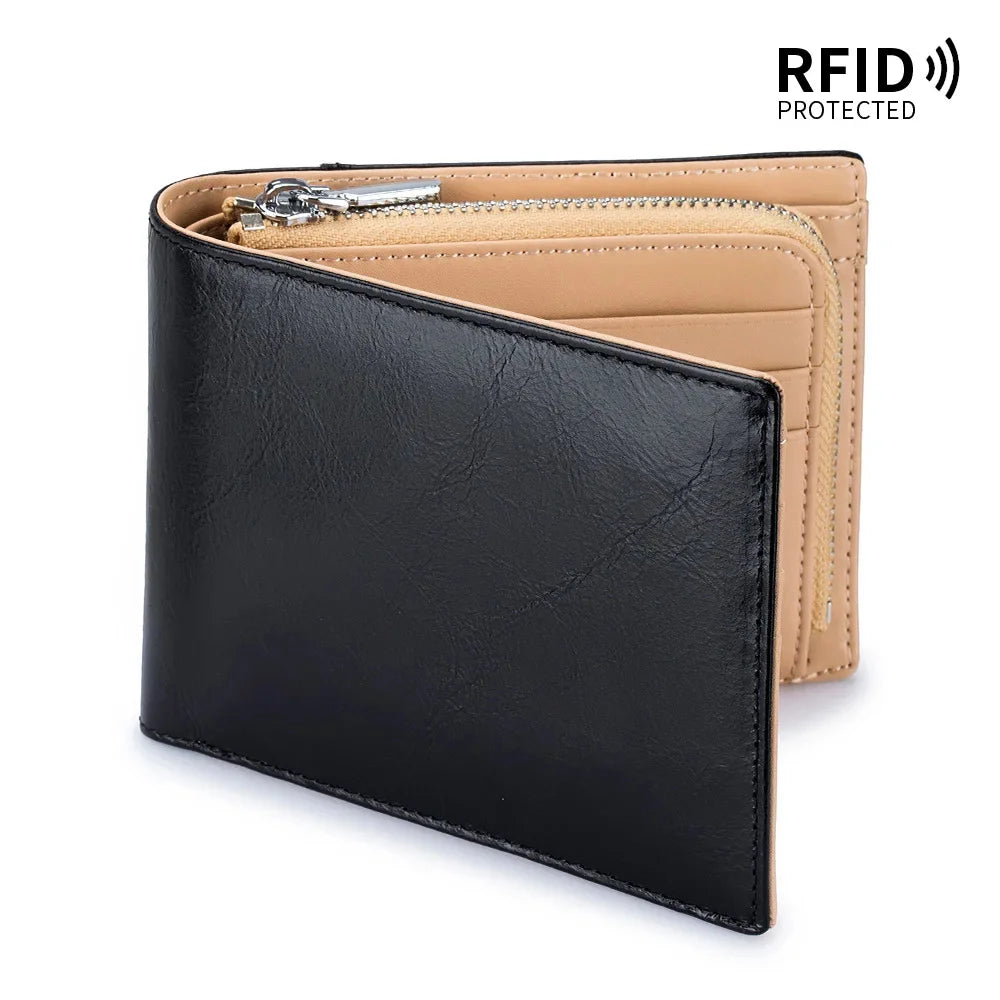 Genuine Leather Retro Men's Short Wallet with Large Capacity, Zipper Coin Pocket, Multiple Card Slots, RFID Blocking