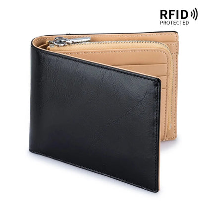 Genuine Leather Retro Men's Short Wallet with Large Capacity, Zipper Coin Pocket, Multiple Card Slots, RFID Blocking