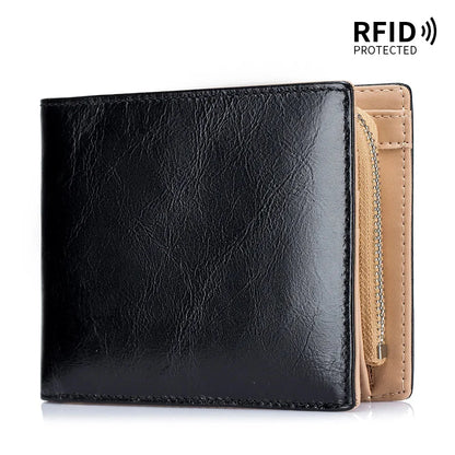 Genuine Leather Retro Men's Short Wallet with Large Capacity, Zipper Coin Pocket, Multiple Card Slots, RFID Blocking
