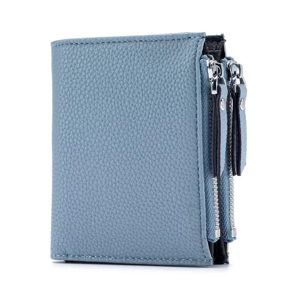 Genuine Leather Short Multifunctional and Fashionable Wallet Double Zipper Pocket Change Card Bag
