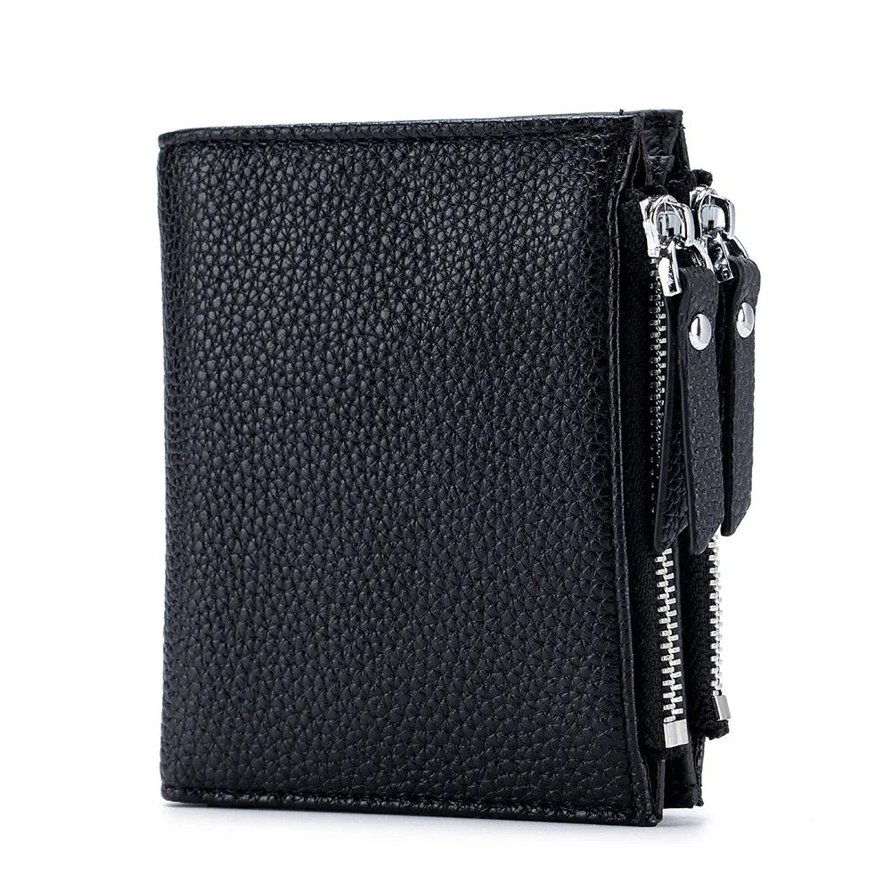 Genuine Leather Short Multifunctional and Fashionable Wallet Double Zipper Pocket Change Card Bag