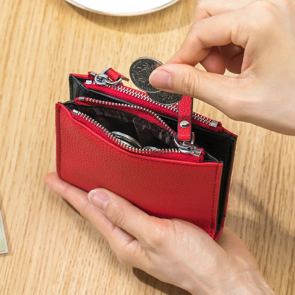 Genuine Leather Short Multifunctional and Fashionable Wallet Double Zipper Pocket Change Card Bag