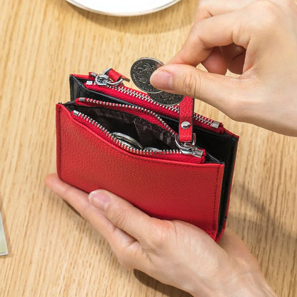 Genuine Leather Short Multifunctional and Fashionable Wallet Double Zipper Pocket Change Card Bag
