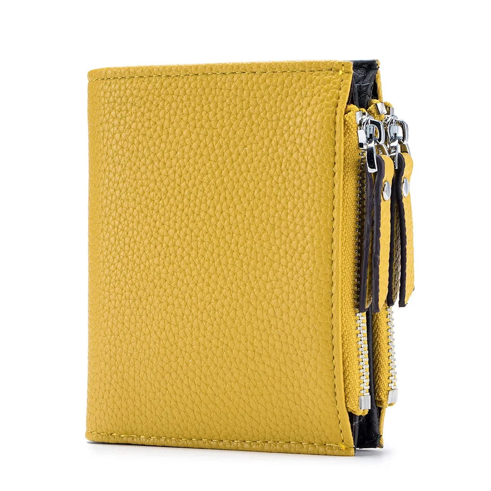 Genuine Leather Short Multifunctional and Fashionable Wallet Double Zipper Pocket Change Card Bag