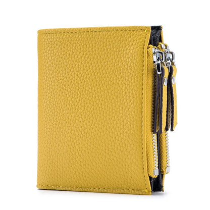 Genuine Leather Short Multifunctional and Fashionable Wallet Double Zipper Pocket Change Card Bag