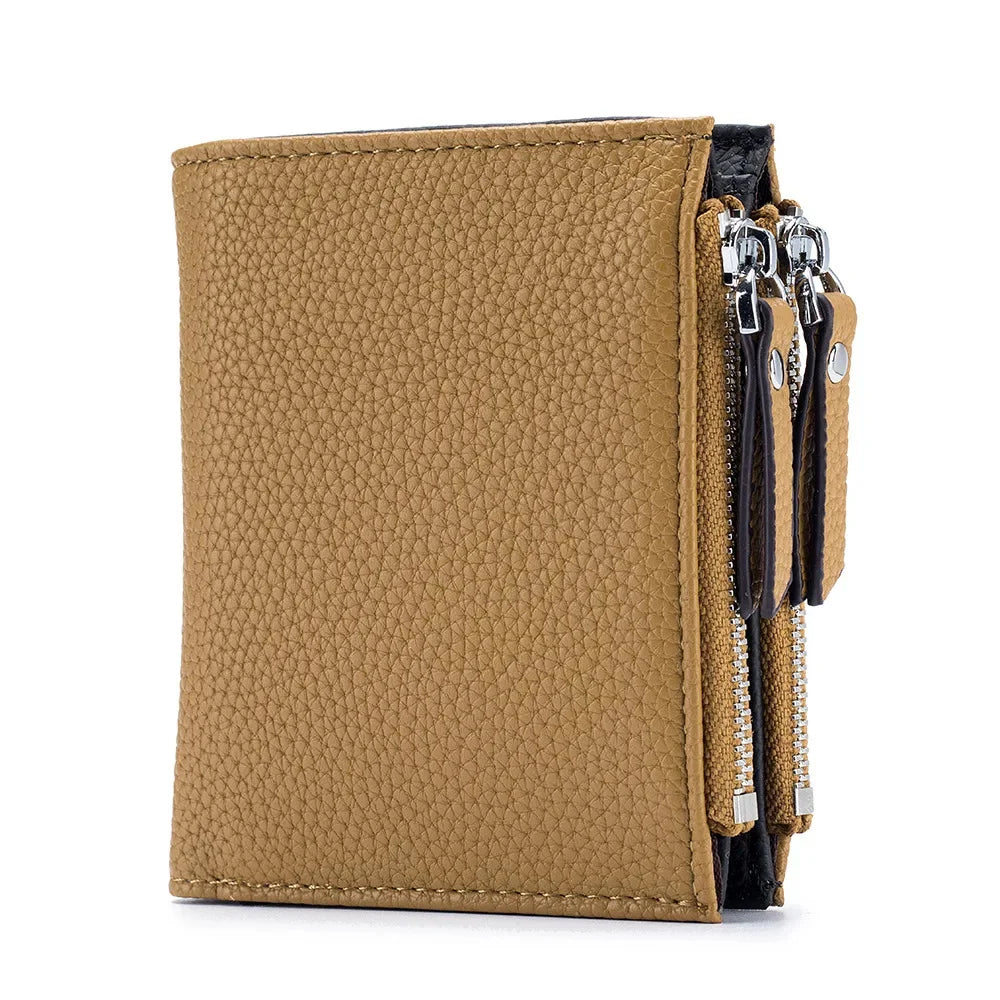 Genuine Leather Short Multifunctional and Fashionable Wallet Double Zipper Pocket Change Card Bag