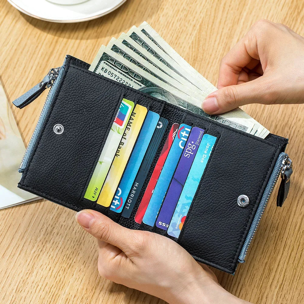 Genuine Leather Short Multifunctional and Fashionable Wallet Double Zipper Pocket Change Card Bag