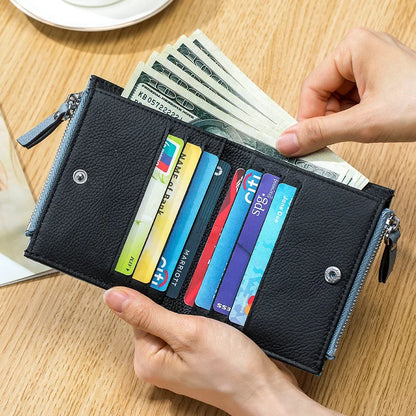 Genuine Leather Short Multifunctional and Fashionable Wallet Double Zipper Pocket Change Card Bag