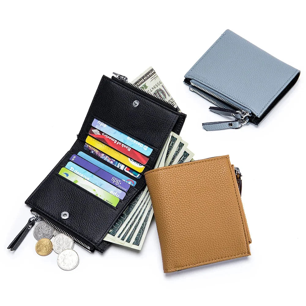 Genuine Leather Short Multifunctional and Fashionable Wallet Double Zipper Pocket Change Card Bag