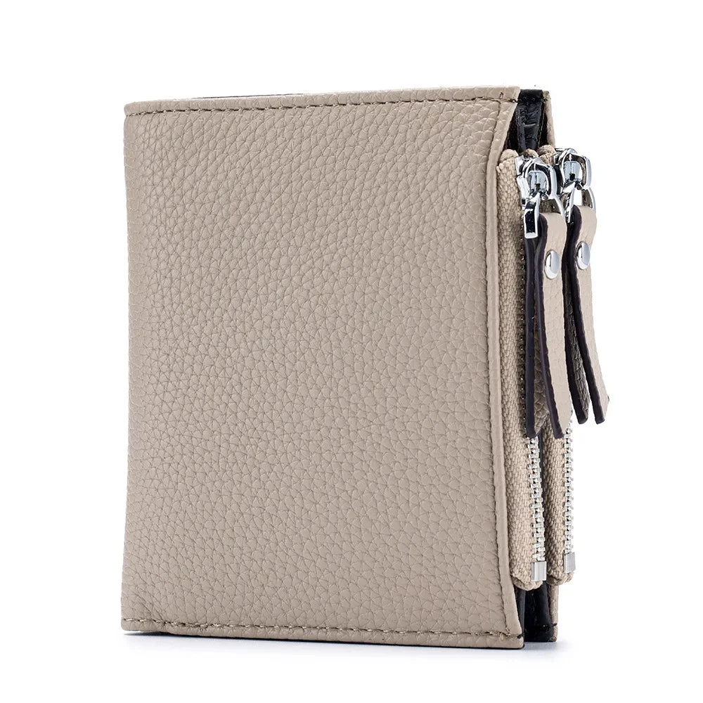 Genuine Leather Short Multifunctional and Fashionable Wallet Double Zipper Pocket Change Card Bag