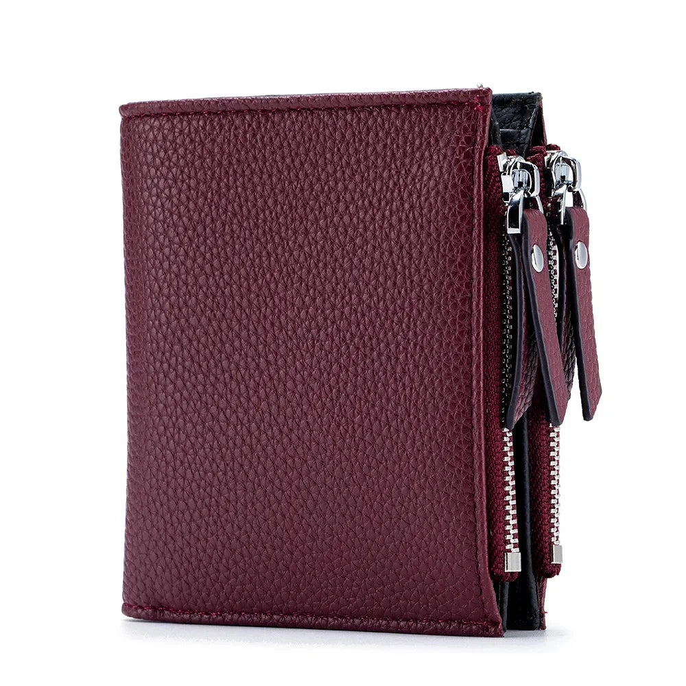 Genuine Leather Short Multifunctional and Fashionable Wallet Double Zipper Pocket Change Card Bag
