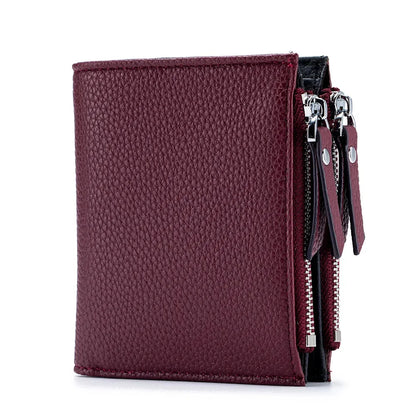 Genuine Leather Short Multifunctional and Fashionable Wallet Double Zipper Pocket Change Card Bag