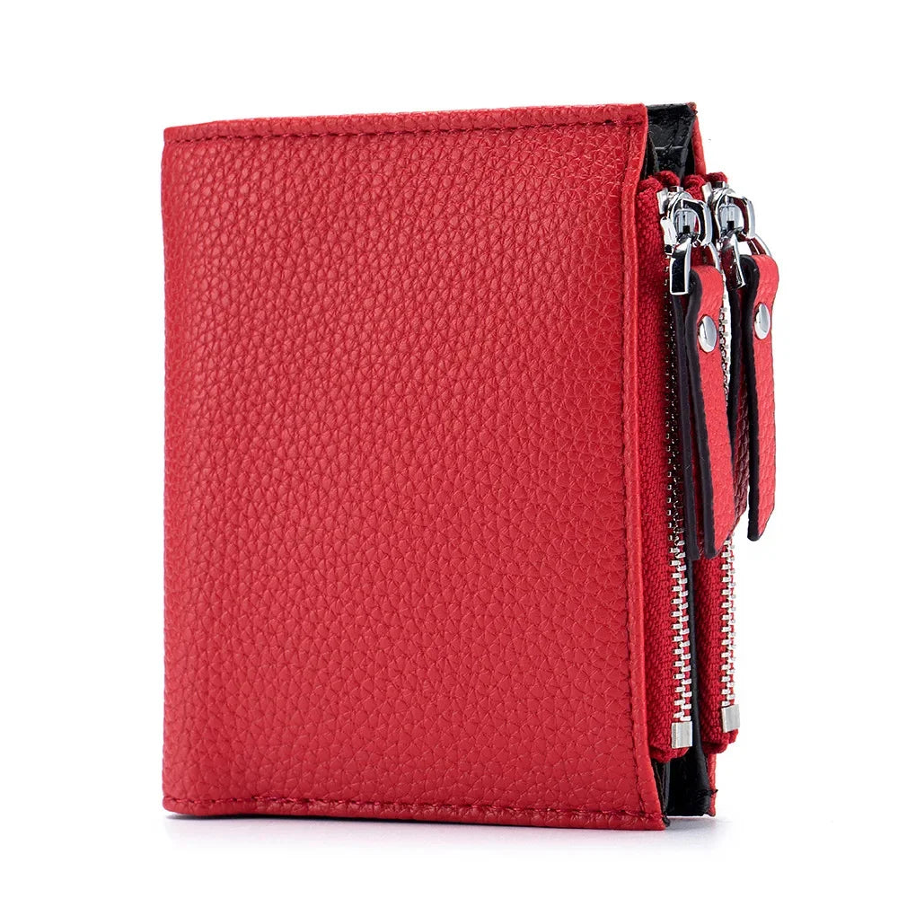 Genuine Leather Short Multifunctional and Fashionable Wallet Double Zipper Pocket Change Card Bag