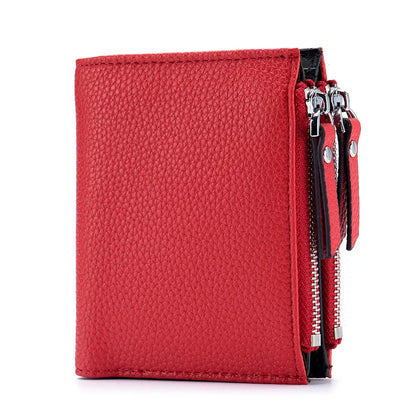 Genuine Leather Short Multifunctional and Fashionable Wallet Double Zipper Pocket Change Card Bag