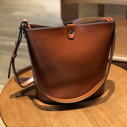 Genuine Leather Shoulder Bag Simple All-match Cowhide Bucket Bags 2024 New Korean Fashion Luxury Handbags Casual Commuter Purses