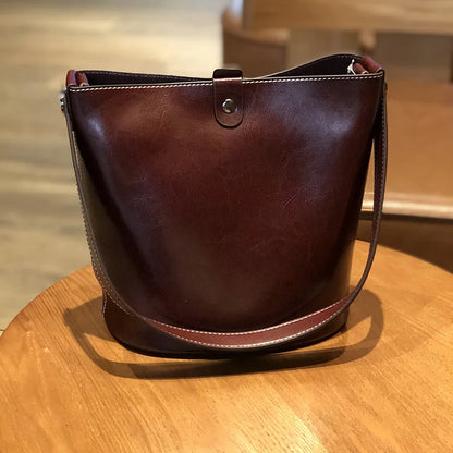Genuine Leather Shoulder Bag Simple All-match Cowhide Bucket Bags 2024 New Korean Fashion Luxury Handbags Casual Commuter Purses