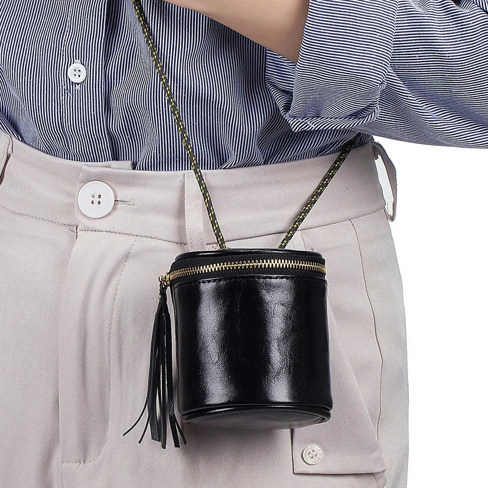 Genuine Leather Simple Coin Storage Wallet Mini Lipstick Handbag Oil Waxed Cowhide Shoulder Bag