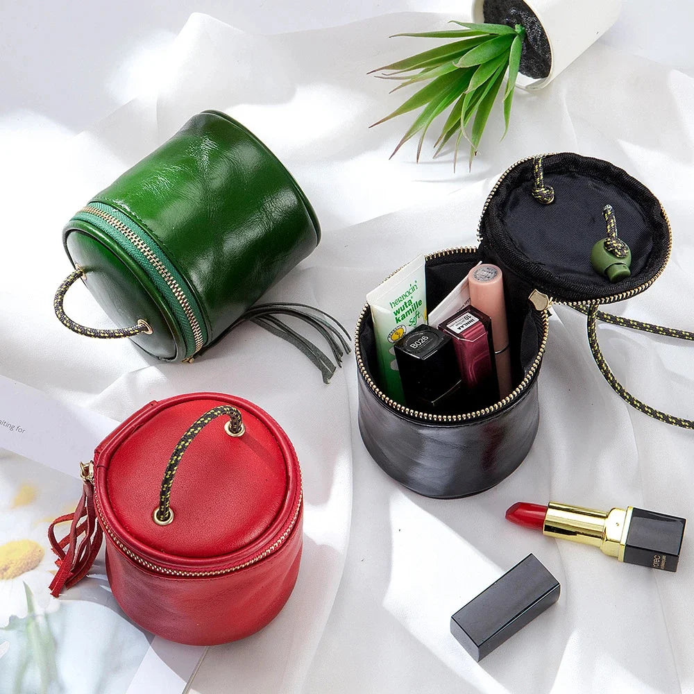 Genuine Leather Simple Coin Storage Wallet Mini Lipstick Handbag Oil Waxed Cowhide Shoulder Bag