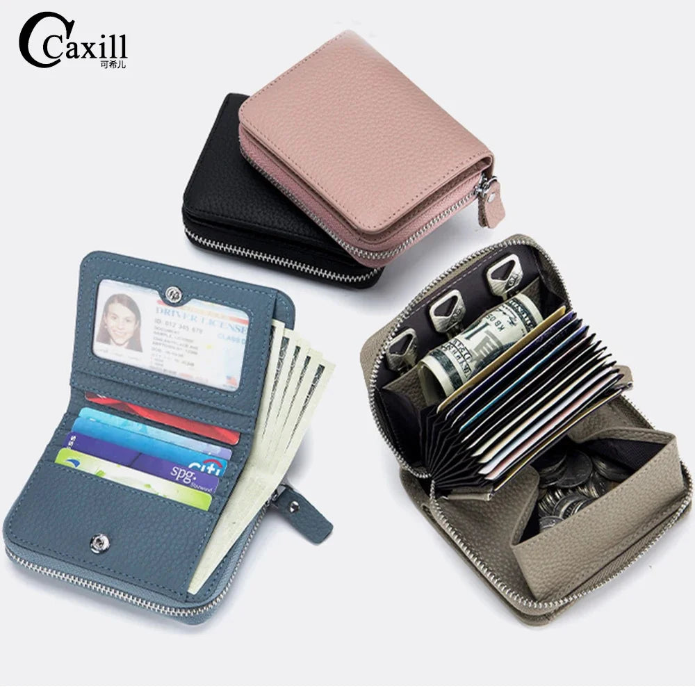 Genuine Leather Small Wallet Women Men RFID Blocking ID Card Holder Zipper Key Purse Short Hasp Wallets for Mother Day Gift