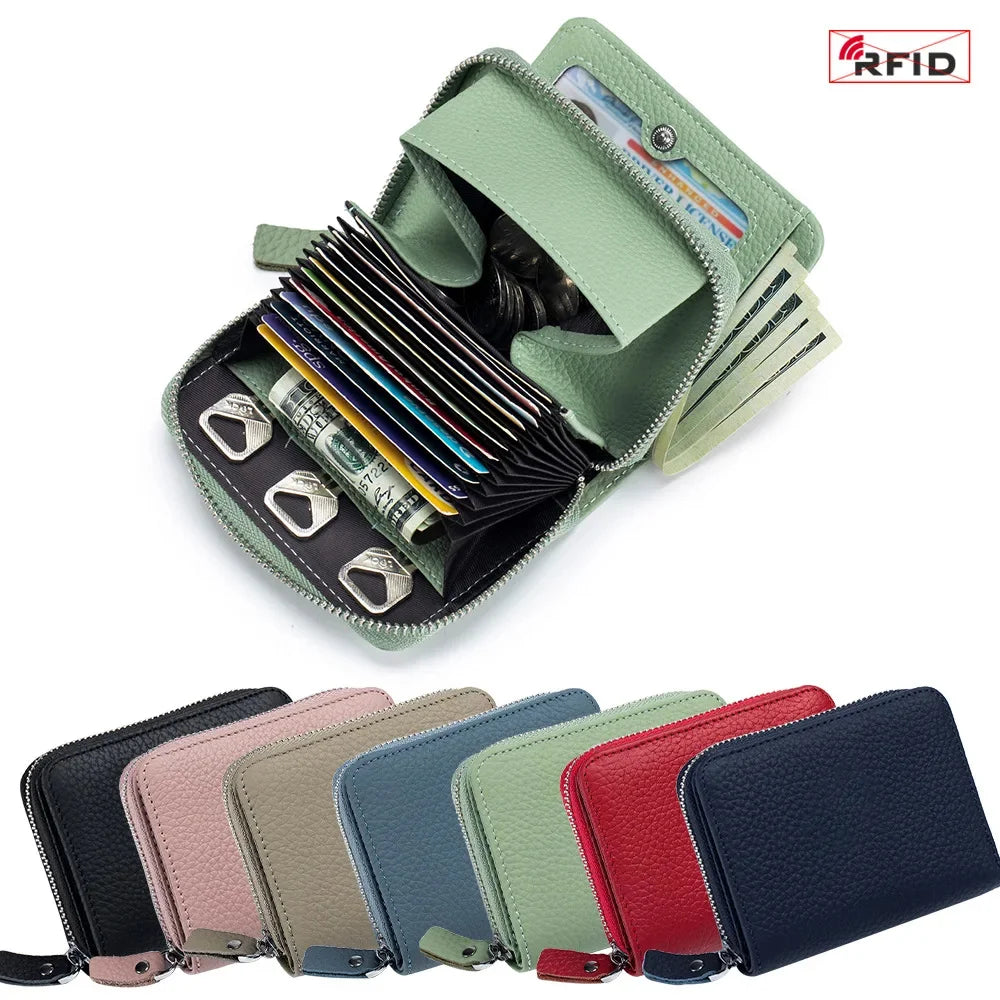 Genuine Leather Small Wallet Women Men RFID Blocking ID Card Holder Zipper Key Purse Short Hasp Wallets for Mother Day Gift