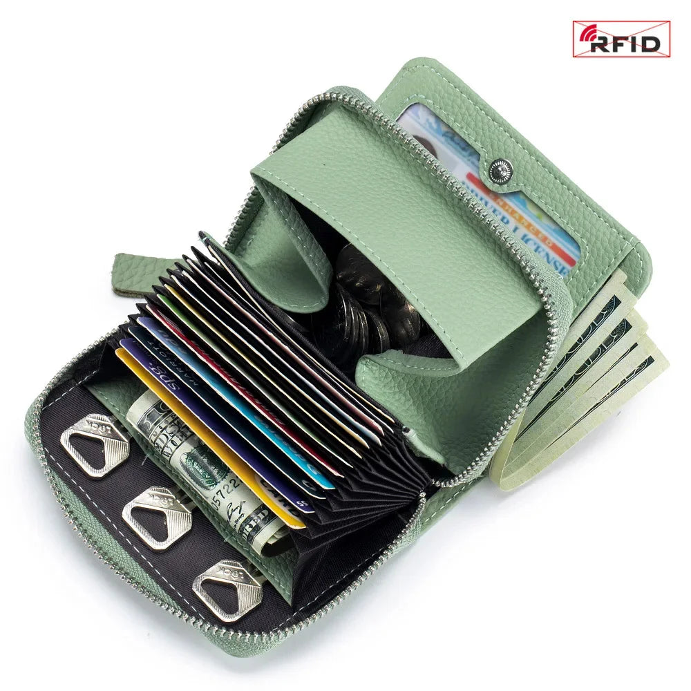 Genuine Leather Small Wallet Women Men RFID Blocking ID Card Holder Zipper Key Purse Short Hasp Wallets for Mother Day Gift