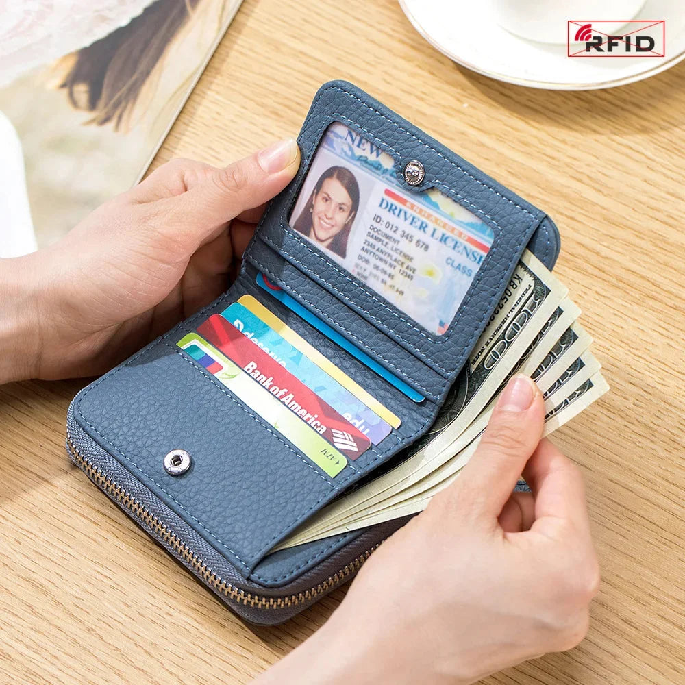 Genuine Leather Small Wallet Women Men RFID Blocking ID Card Holder Zipper Key Purse Short Hasp Wallets for Mother Day Gift