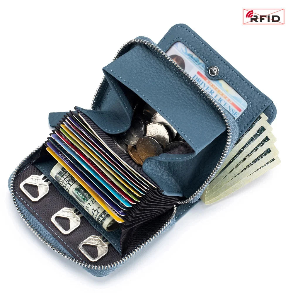 Genuine Leather Small Wallet Women Men RFID Blocking ID Card Holder Zipper Key Purse Short Hasp Wallets for Mother Day Gift