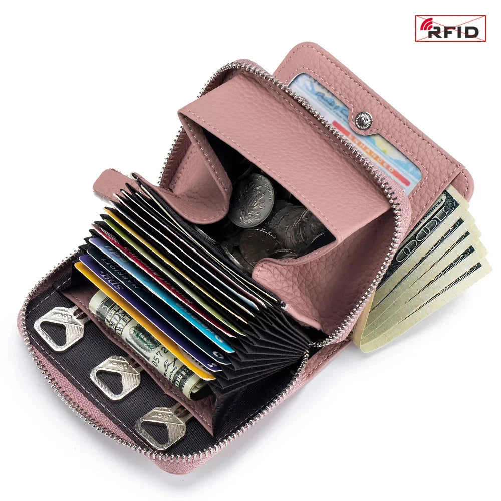 Genuine Leather Small Wallet Women Men RFID Blocking ID Card Holder Zipper Key Purse Short Hasp Wallets for Mother Day Gift