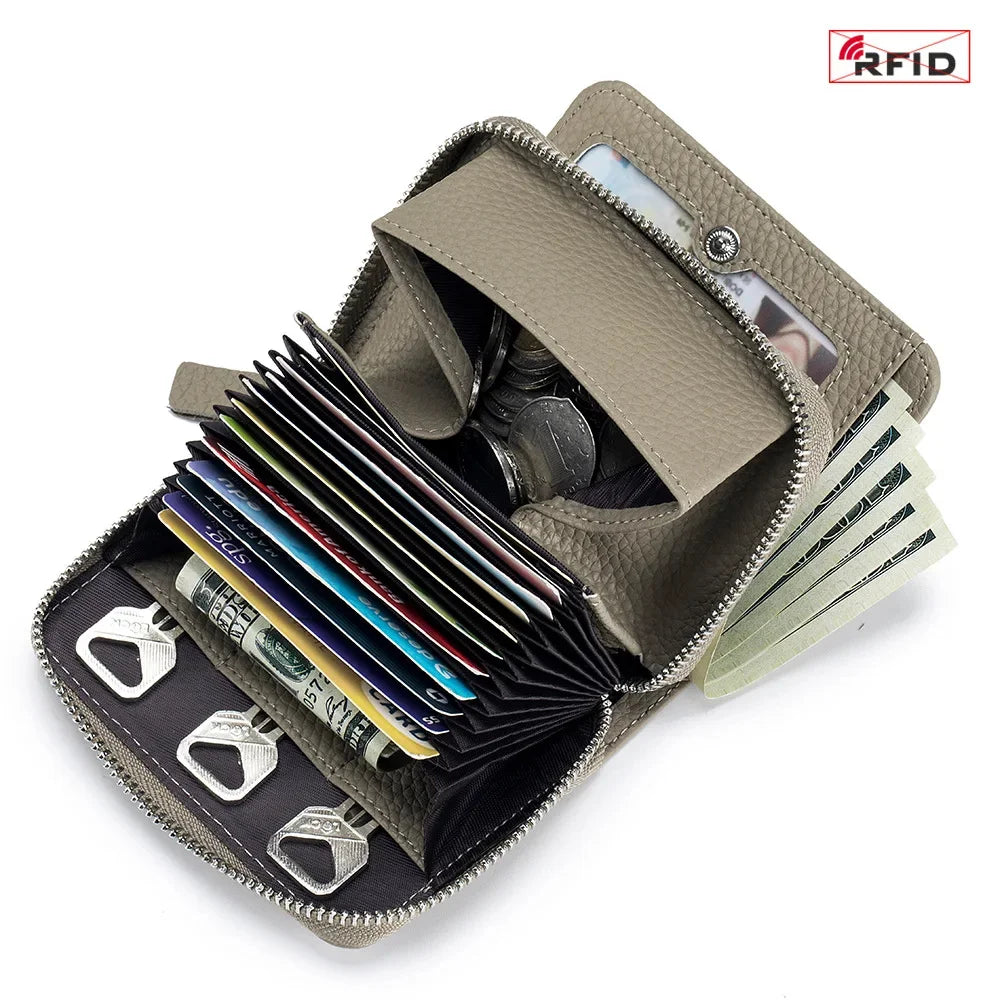 Genuine Leather Small Wallet Women Men RFID Blocking ID Card Holder Zipper Key Purse Short Hasp Wallets for Mother Day Gift