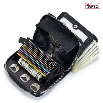 Genuine Leather Small Wallet Women Men RFID Blocking ID Card Holder Zipper Key Purse Short Hasp Wallets for Mother Day Gift