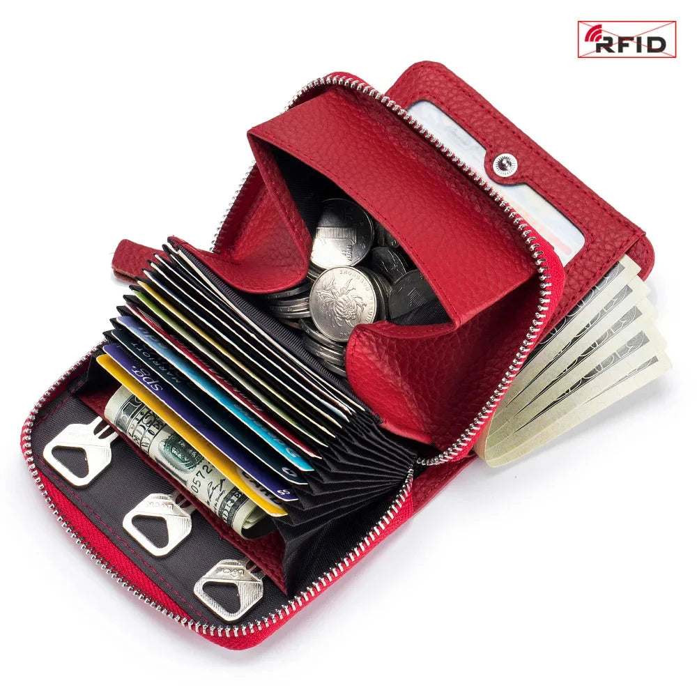 Genuine Leather Small Wallet Women Men RFID Blocking ID Card Holder Zipper Key Purse Short Hasp Wallets for Mother Day Gift