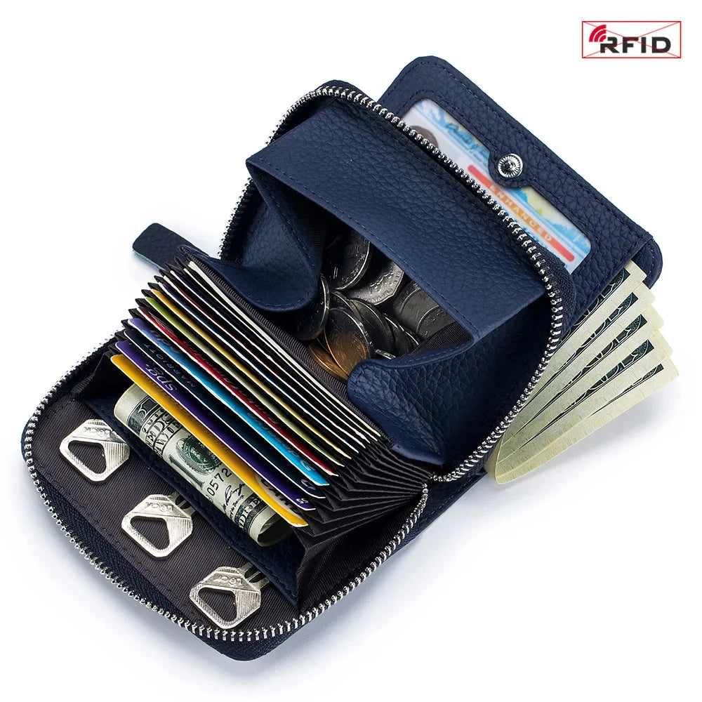 Genuine Leather Small Wallet Women Men RFID Blocking ID Card Holder Zipper Key Purse Short Hasp Wallets for Mother Day Gift