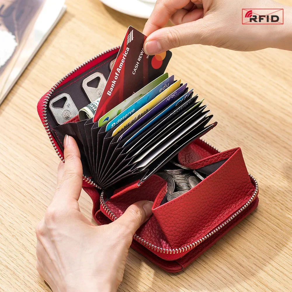 Genuine Leather Small Wallet Women Men RFID Blocking ID Card Holder Zipper Key Purse Short Hasp Wallets for Mother Day Gift