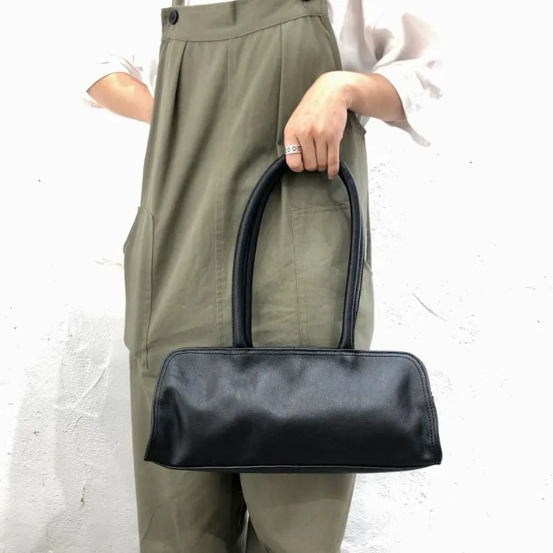 Genuine Leather Top-Handle Bags Vintage Simple Fashion Zipper Single Shoulder Underarm Bag 2024 Autumn New Handbags Purses