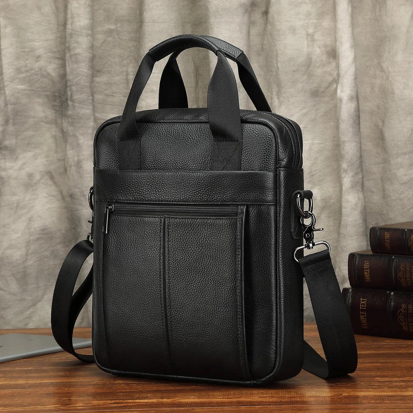 Genuine Leather Vertical Men's Briefcase With Zipper Business Cowhide Handbag MultiFunction Male Shoulder Messenger Bag