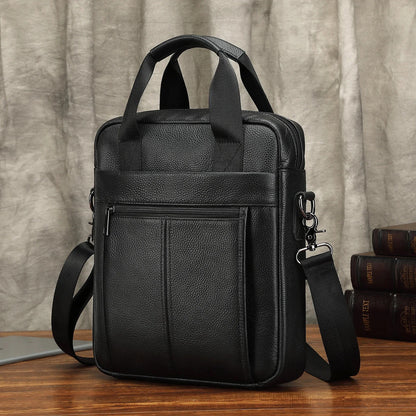 Genuine Leather Vertical Men's Briefcase With Zipper Business Cowhide Handbag MultiFunction Male Shoulder Messenger Bag