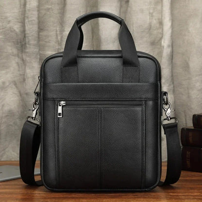 Genuine Leather Vertical Men's Briefcase With Zipper Business Cowhide Handbag MultiFunction Male Shoulder Messenger Bag