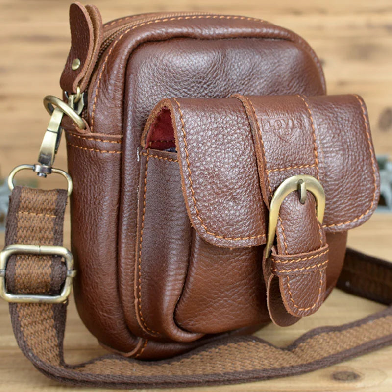 Genuine Leather Waist Bag For Men's Top Layer Cowhide Mini Crossbody Shoulder Bag Cigarette Box Glasses Key Bag