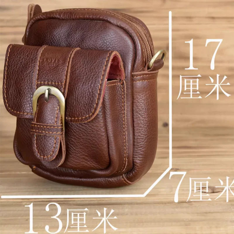 Genuine Leather Waist Bag For Men's Top Layer Cowhide Mini Crossbody Shoulder Bag Cigarette Box Glasses Key Bag