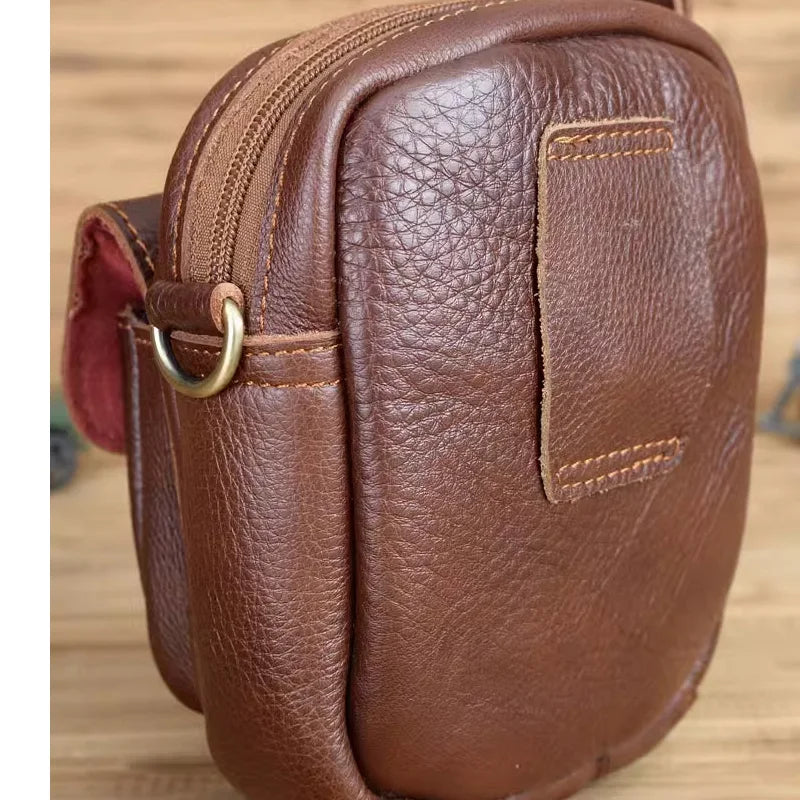 Genuine Leather Waist Bag For Men's Top Layer Cowhide Mini Crossbody Shoulder Bag Cigarette Box Glasses Key Bag