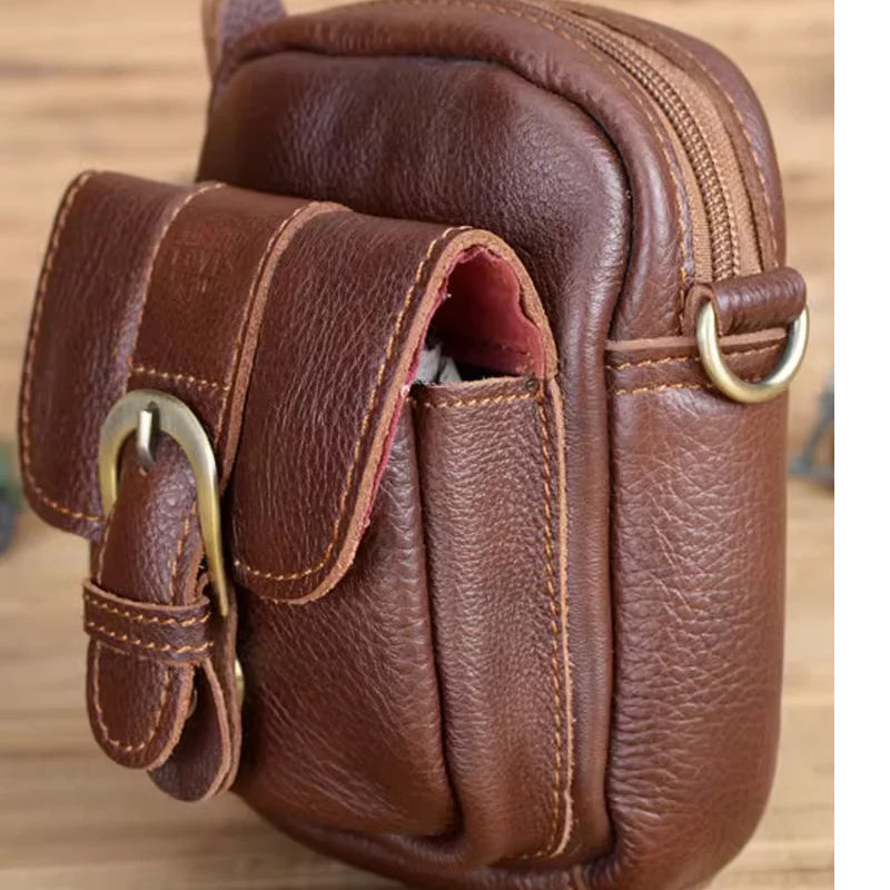 Genuine Leather Waist Bag For Men's Top Layer Cowhide Mini Crossbody Shoulder Bag Cigarette Box Glasses Key Bag