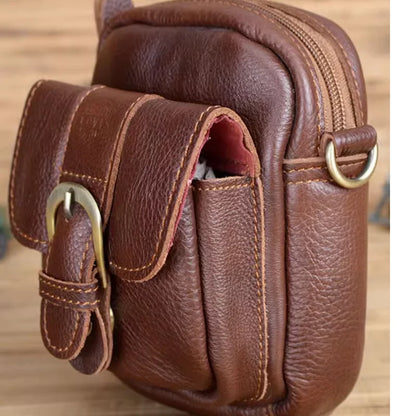 Genuine Leather Waist Bag For Men's Top Layer Cowhide Mini Crossbody Shoulder Bag Cigarette Box Glasses Key Bag