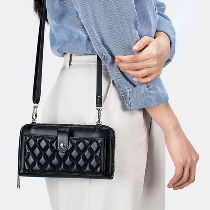 Genuine Leather Wallet Touch Screen Mobile Phone One Shoulder Crossbody Multi-Card Slot Lady's Zipper Bag
