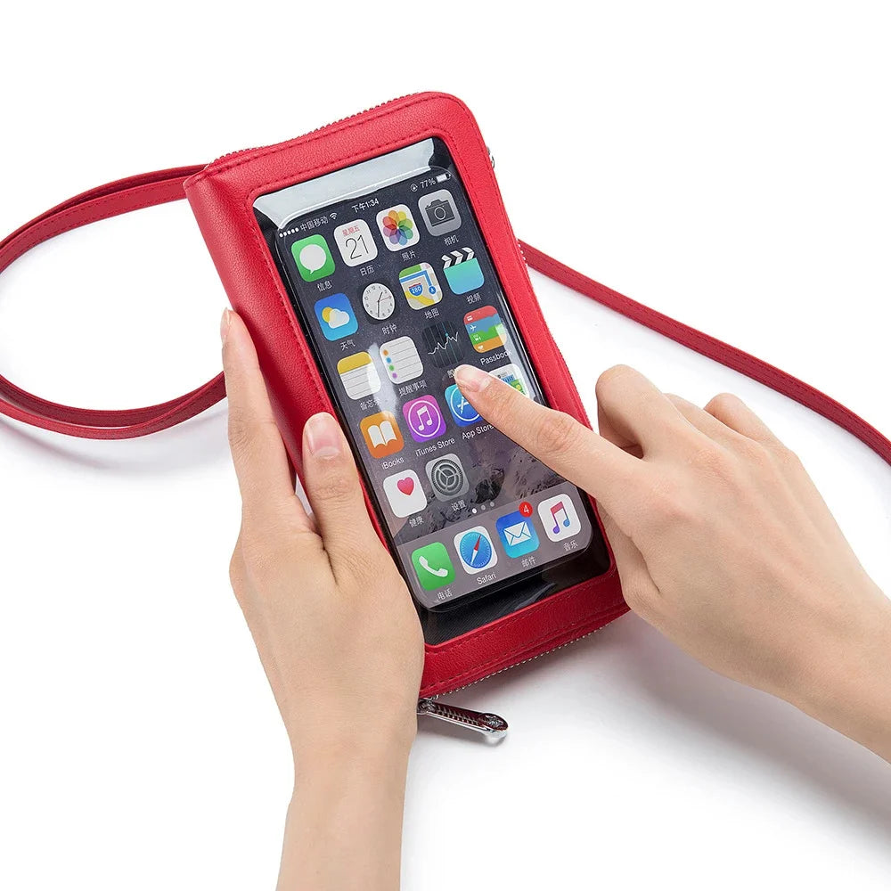 Genuine Leather Wallet Touch Screen Mobile Phone One Shoulder Crossbody Multi-Card Slot Lady's Zipper Bag