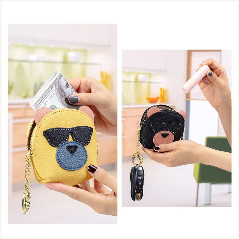 Genuine Leather Woman Coins Bag Mini Lipstick Storage Bags Multifunctional Small Coins Wallets Cartoon Bear Cards Pouch Cute Bag
