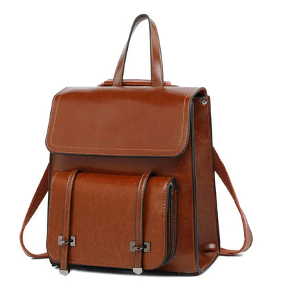 Genuine Leather Women Backpack Book School Laptop Bag Travel Oil Wax Cowhide Fashion One Shoulder Camputer Bags Daypack Rucksack