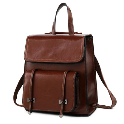 Genuine Leather Women Backpack Book School Laptop Bag Travel Oil Wax Cowhide Fashion One Shoulder Camputer Bags Daypack Rucksack