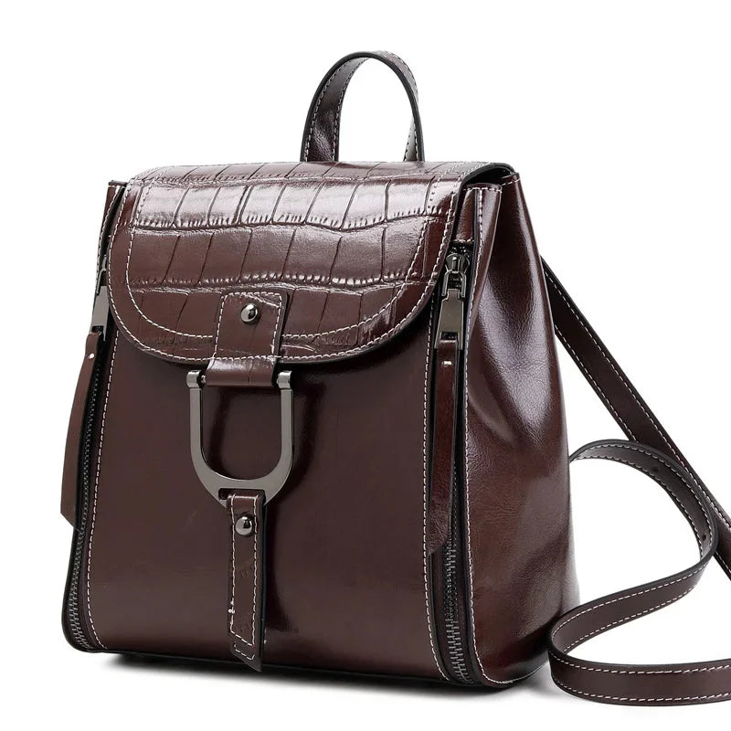 Genuine Leather Women Backpack Rucksack Simple Fashion Grils School Book Bag Mini Oil Wax Cowhide Daypack Knapsack